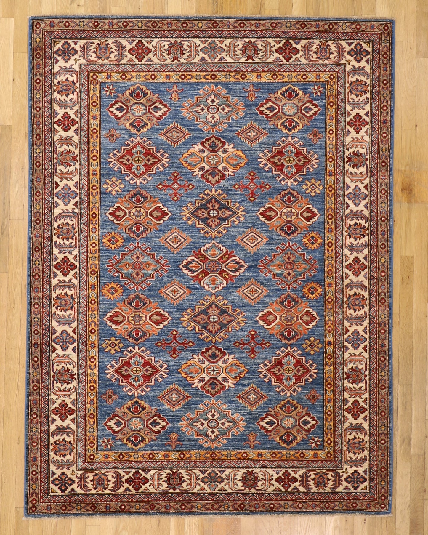 Tribal 5' x 6'8 Lambs Wool Rug Kazakh Hand Knotted in Pakistan