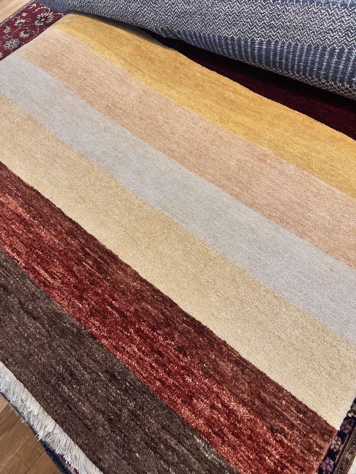 Fine Modern 5' x 6'5" Hand Knotted Wool Area Rug Stripes Colorful Warm India